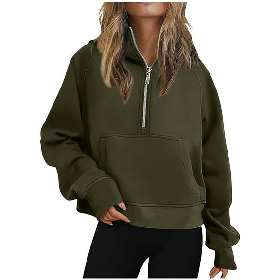 Kovlvoll Womens Sweatshirts Half Zip up Cropped Hoodies Solid Color Loose Casual Fall Pullover Tops with Pockets