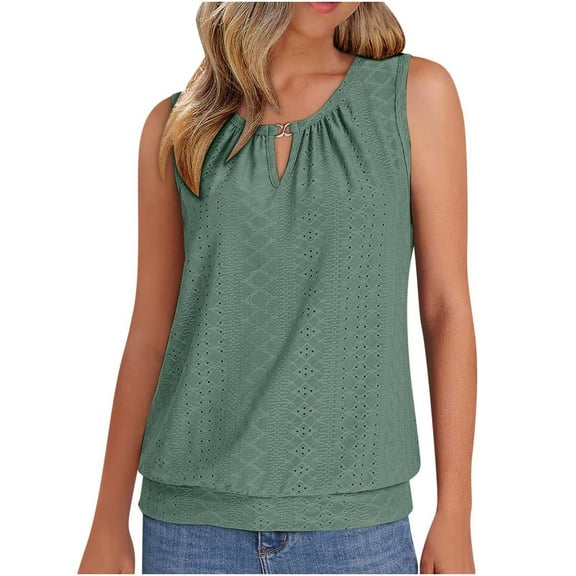 Kovlvoll Womens Tank Tops Keyhole V Neck Summer Eyelet Sleeveless Shirts Loose Casual Solid Color Basic Tee Top