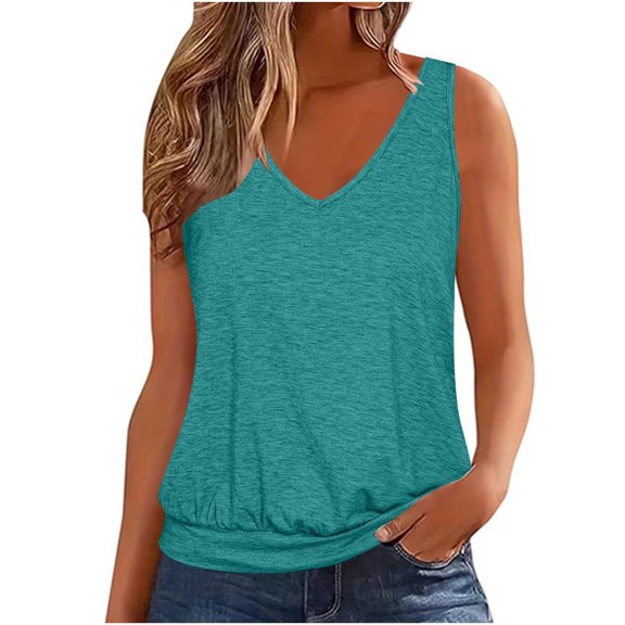 Kovlvoll Womens Tank Tops Summer Clothes Casual V Neck Sleeveless Solid Color Loose Fitting Outfit Basic Camis Shirts