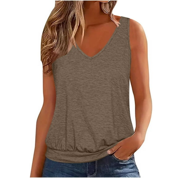 Kovlvoll Womens Tank Tops Summer Clothes Casual V Neck Sleeveless Solid Color Loose Fitting Outfit Basic Camis Shirts