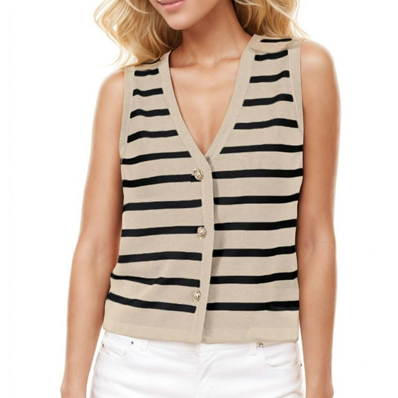 Kovlvoll Womens Tops Casual Sleeveless Loose Cardigan Button up Striped V-Neck Sweater Vests Top