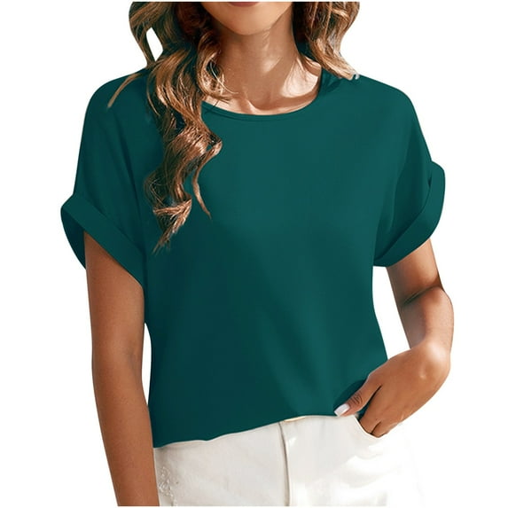Kovlvoll Womens Tops Crew Neck Short Sleeve T-Shirts Solid Color Loose Dressy Casual Blouses Tunic Top