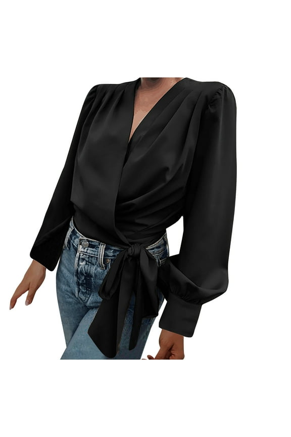 Womens Tops Dressy Casual Draped Wrap V Neck Long Sleeve Loose Comfy Fashion Solid Color Blouse Shirt