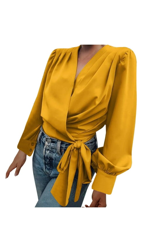 Womens Tops Dressy Casual Draped Wrap V Neck Long Sleeve Loose Comfy Fashion Solid Color Blouse Shirt