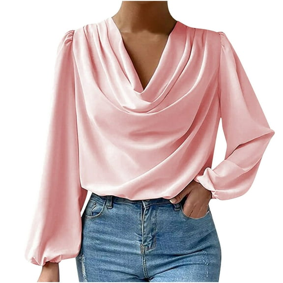 Kovlvoll Womens Tops Dressy Casual Puff Long Sleeve V Neck Pleated Solid Color Blouse Office Work Shirt Top