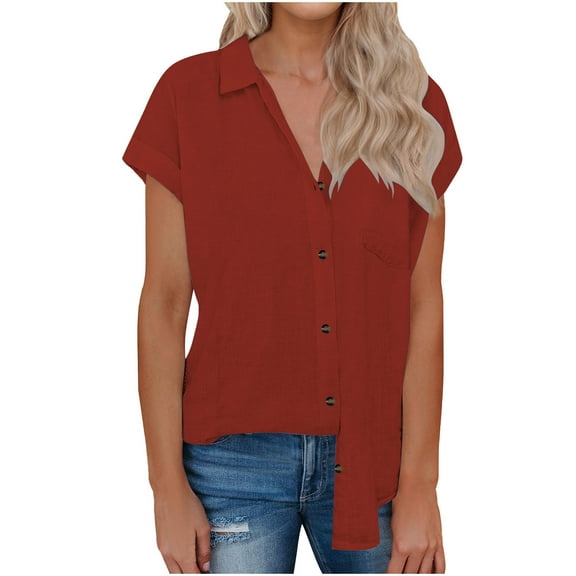 Kovlvoll Womens Tops Short Sleeve Button down Shirts Summer Casual Comfy Solid Color Shirts