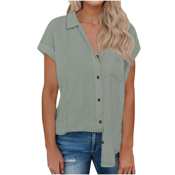 Kovlvoll Womens Tops Short Sleeve Button down Shirts Summer Casual Comfy Solid Color Shirts