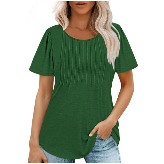 Kovlvoll Womens Tops Short Sleeve Crew Neck Dressy Casual Blouses Summer Solid Color Loose Pleated Shirts
