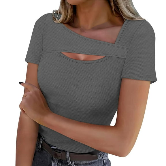 Kovlvoll Womens Tops Short Sleeve Cutout Neck Ribbed Slim Fitting Comfy Shirts Fashion Basic Tees Going out Top
