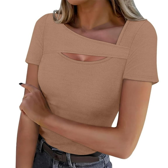 Kovlvoll Womens Tops Short Sleeve Cutout Neck Ribbed Slim Fitting Comfy Shirts Fashion Basic Tees Going out Top