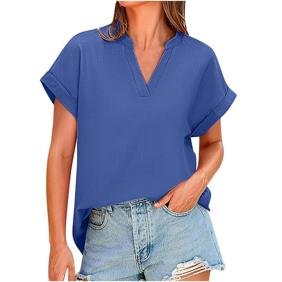 Kovlvoll Womens Tops Short Sleeve V Neck Blouses Summer Outfit Fashion Loose Casual Solid Color Shirts Top