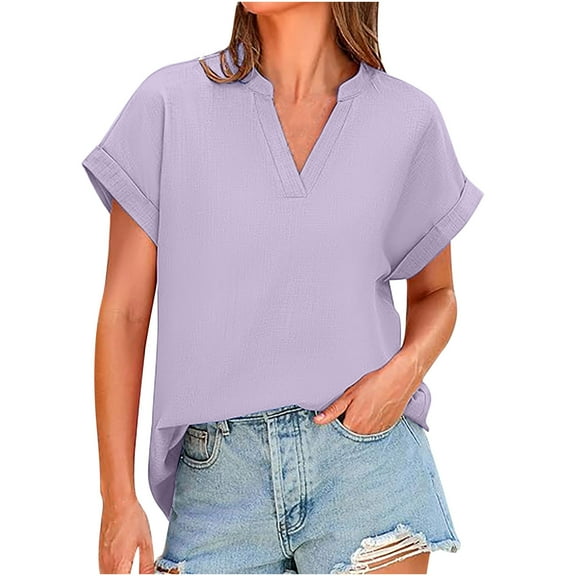 Kovlvoll Womens Tops Short Sleeve V Neck Blouses Summer Outfit Fashion Loose Casual Solid Color Shirts Top