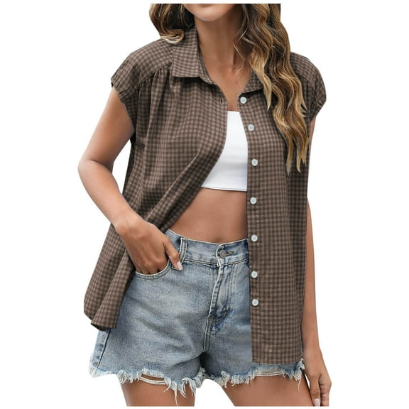 Kovlvoll Womens Tops Summer Plaid Short Sleeve Button down Shirts Dressy Casual Turndown Collar Blouse