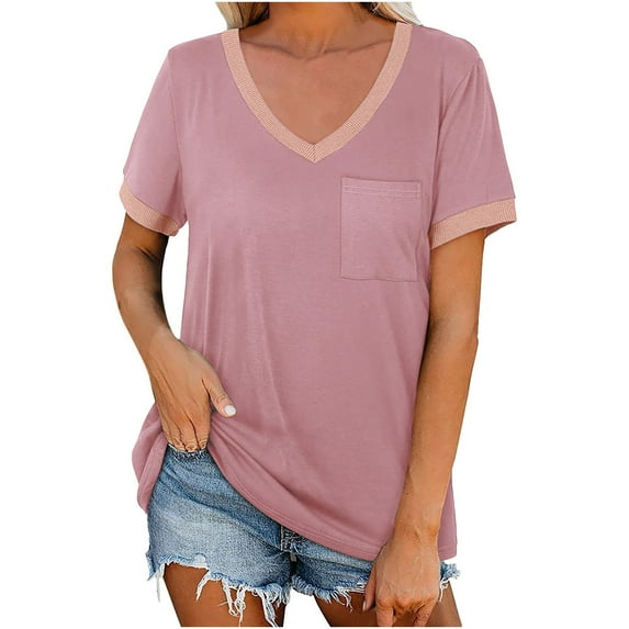 Kovlvoll Womens Tops V Neck Loose Short Sleeve T-Shirts Summer Casual Solid Color Basic Tees Top with Pockets