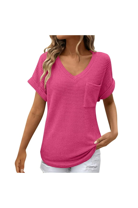 Womens Tops V Neck Short Sleeve Shirts Summer Solid Color Casual Comfy Top with Pockets