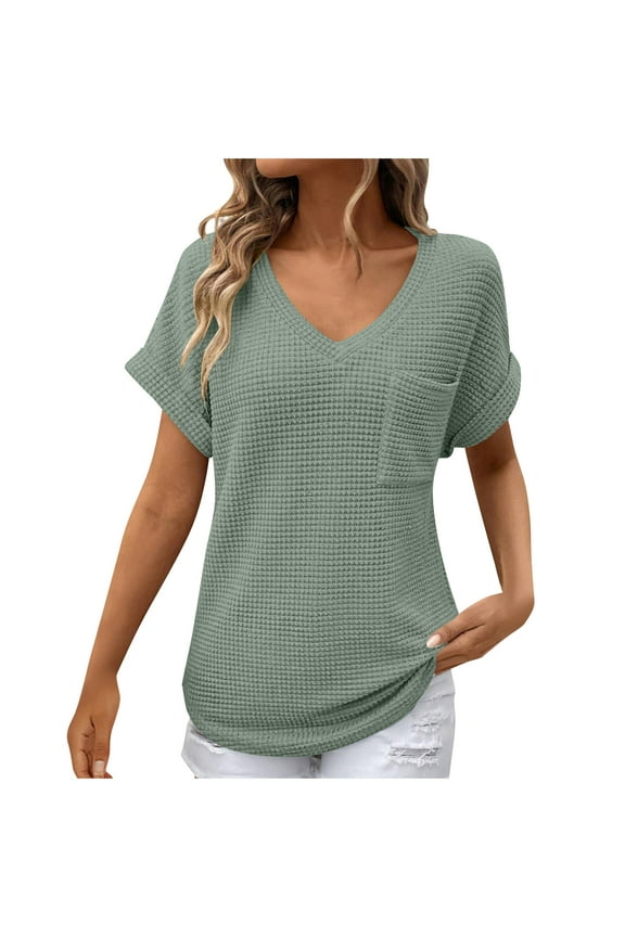 Womens Tops V Neck Short Sleeve Shirts Summer Solid Color Casual Comfy Top with Pockets