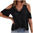thumbnail image 1 of Kovlvoll Womens Tops off Shoulder Short Sleeve Lace Patchwork V Neck Tees Shirts Summer Dressy Casual Blouses, 1 of 6