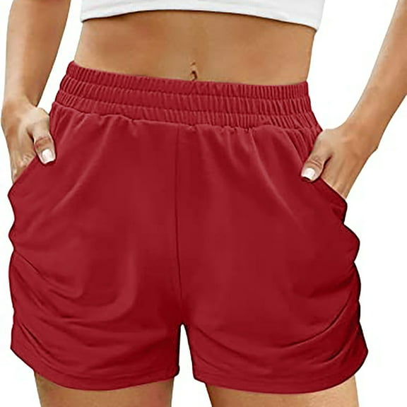 Kovlvoll Workout Shorts Women Summer Plus Size Elastic Waisted Loose Casual Solid Color Running Shorts with Pockets
