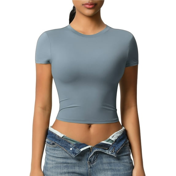 Kovlvoll Yoga Tops Women Lightweight Comfy Stretch Slim Fitting Crop Top Tight Crew Neck Short Sleeve Workout Shirts