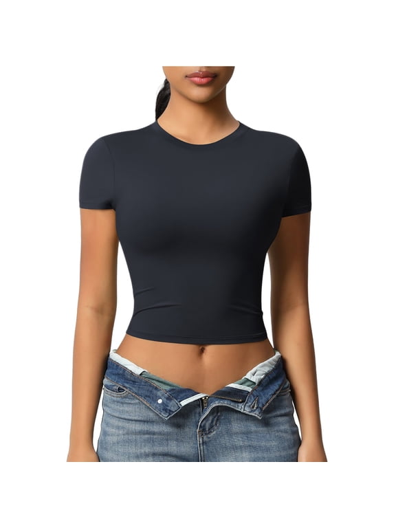 Yoga Tops Women Lightweight Comfy Stretch Slim Fitting Crop Top Tight Crew Neck Short Sleeve Workout Shirts