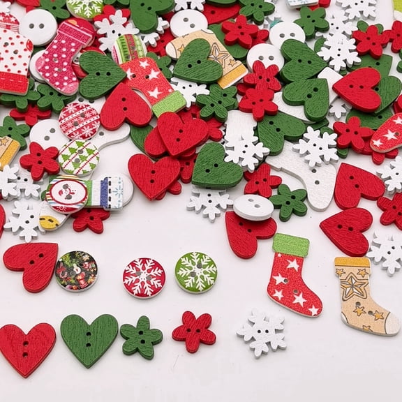 Kovolala 100 Pack Christmas Wooden Buttons - Assorted Snowflake & Holiday Shapes for Crafting, Mixed Sizes, Natural Wood Art Supplies for DIY Ornaments, Gift Tags, Wreath Making