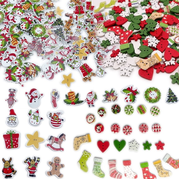 Kovolala 200Pcs Christmas Wood Buttons Snowflakes & Festive Shapes, Assorted Sizes & Styles for DIY Crafts