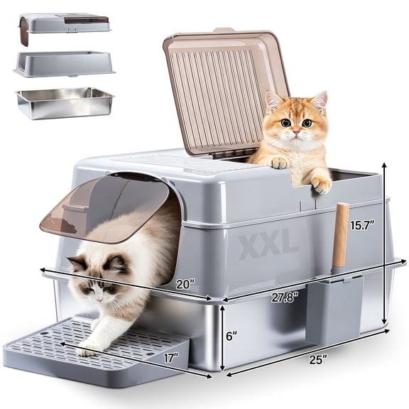 Kovryx Cat Litter Box 3-Mode Fully Enclosed Stainless Steel Litter Box, 27.8"x20"x15.7", XXL with Scoop & Mat