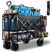 Kovryx 500LBS Heavy Duty Double Decker Wagon with All-Terrain Tank Wheels, Collapsible Wagon Cart Expandable Storage Front Brakes, Black