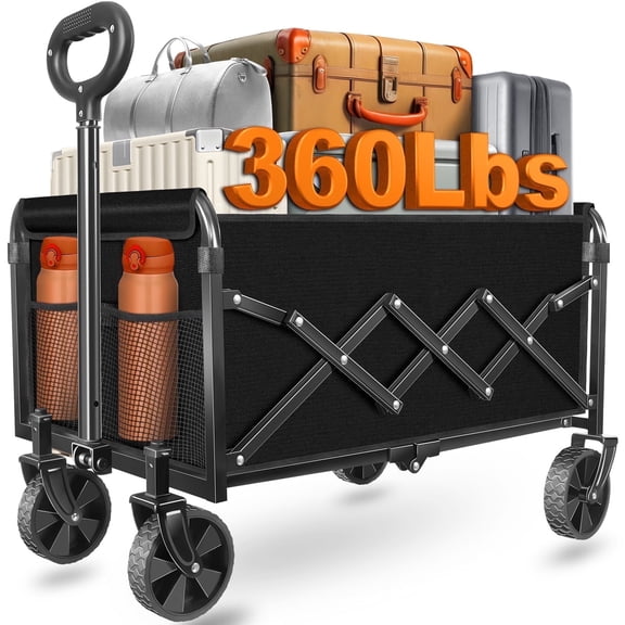 Kovryx Heavy Duty Collapsible Utility Wagon, 360 lbs Capacity, All Terrain, Adjustable Handle, Foldable Cart for Camping, Shopping, Outdoor, Garden