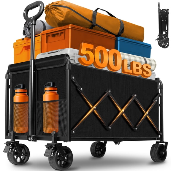 Kovryx Heavy Duty Collapsible Wagon 500lbs Capacity  Deep Black Edition with Dual Brake System & Oversized All-Terrain Wheels for Camping, Gardening, Tailgating