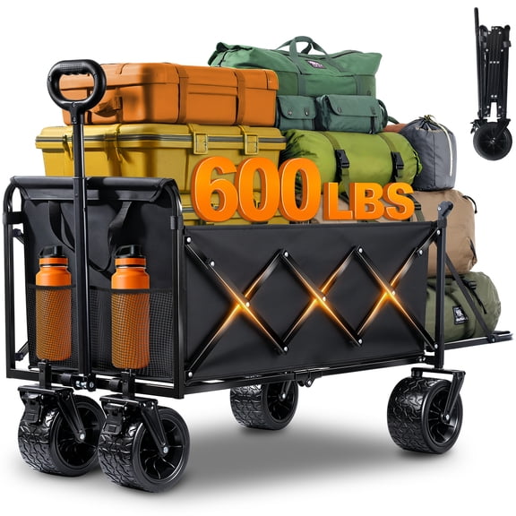 Kovryx Heavy Duty Folding Utility Wagon – Deep Black, 600lbs Capacity with Expandable Rear Panel & All-Terrain Tank Wheels