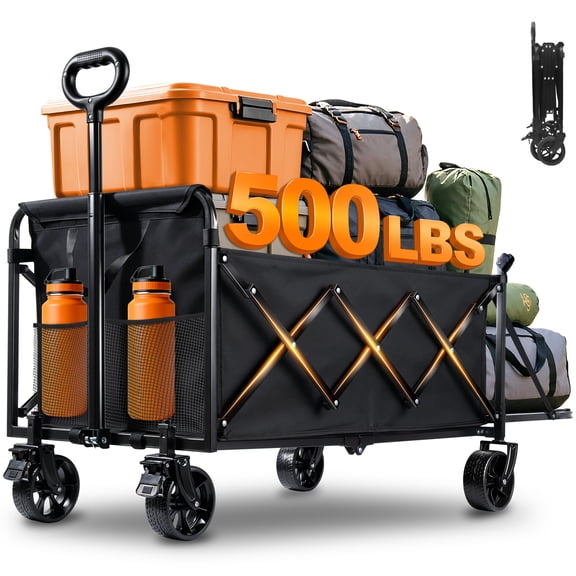 Kovryx Heavy Duty Folding Wagon  Deep Black, 500lbs Capacity with Expandable Rear Panel & All-Terrain Wheels