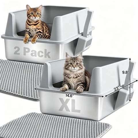 Kovryx Cat Litter Box Stainless Steel Metal Litter Box with Lid, 23" x 14.6" x 9.8", XL Set of 2 with Scoop & Mat