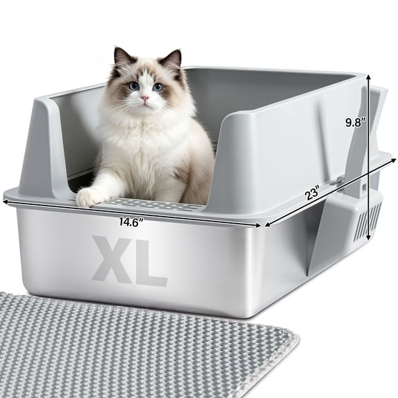 Kovryx Cat Litter Box Stainless Steel Metal Litter Box with Lid, 23" x 14.6" x 9.8", XL with Scoop & Mat