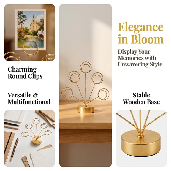 Kowaku Wooden Photo Tree Display Stand Adjustable Metal Wire Picture Holder with Stable Round Base for Desktop, Cards, Memos & Holiday Decor (8.66 Inch)