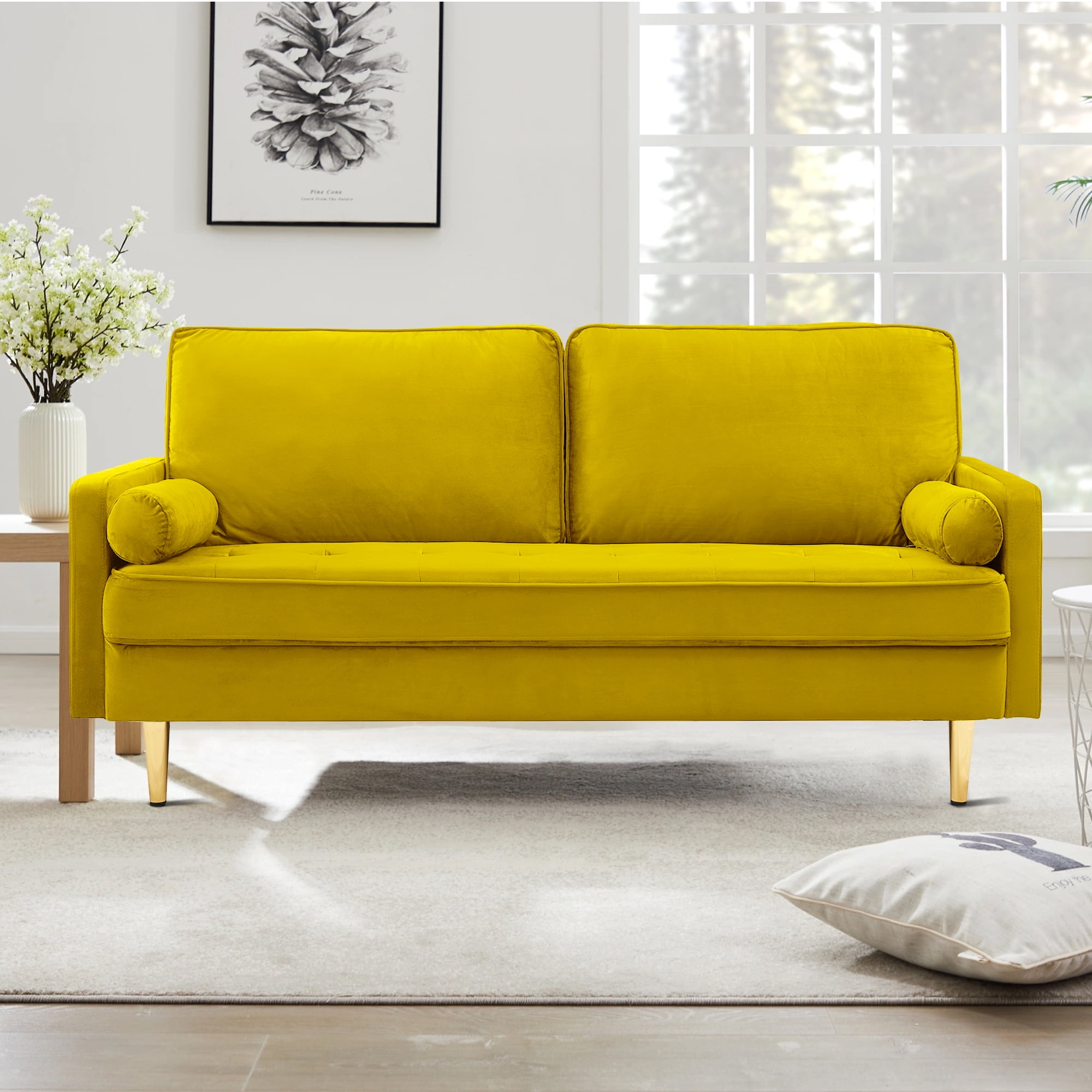 Kowilk Velvet Loveseat Sofa, 66.9'' Mid Century Modern Small Love Seats with 2 Pillows & Golden