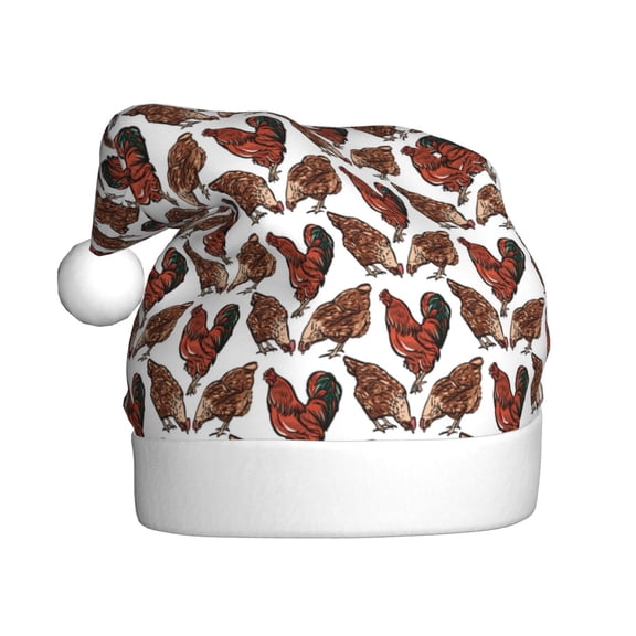Kowoue A Rooster With Chickens Pattern Santa Hat Christmas Hats for Adults, Holiday Unisex Velvet Comfort Xmas Hat for Women Men