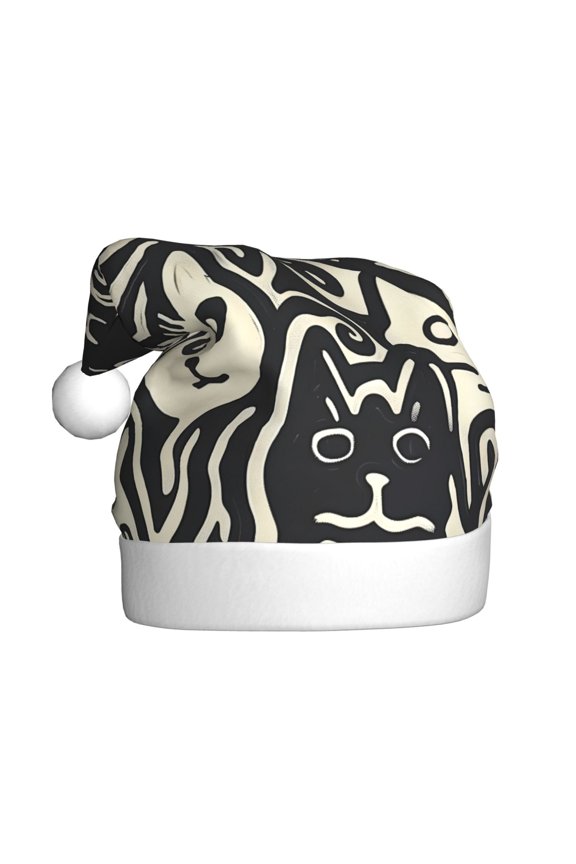 Abstract Cat Faces Pattern Pattern Santa Hat Christmas Hats for Adults, Holiday Unisex Velvet Comfort Xmas Hat for Women Men
