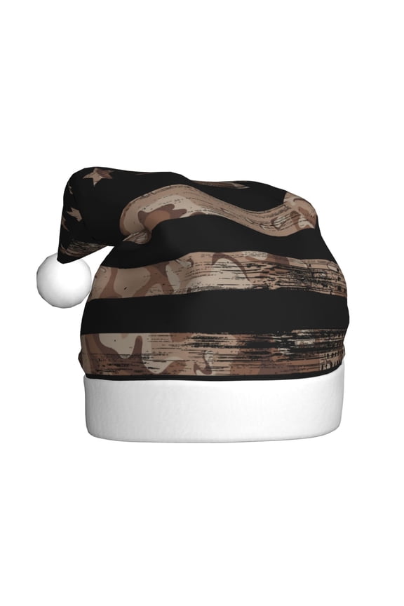 American Flag with Desert Camouflage Pattern Santa Hat Christmas Hats for Adults, Holiday Unisex Velvet Comfort Xmas Hat for Women Men