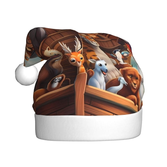 Kowoue Animal Filled Noahs Ark Pattern Santa Hat Christmas Hats for Adults, Holiday Unisex Velvet Comfort Xmas Hat for Women Men