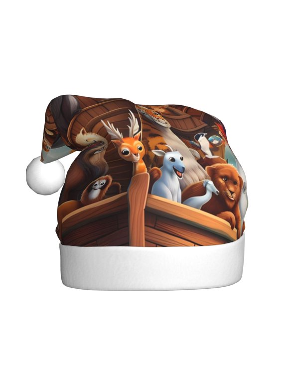 Animal Filled Noahs Ark Pattern Santa Hat Christmas Hats for Adults, Holiday Unisex Velvet Comfort Xmas Hat for Women Men