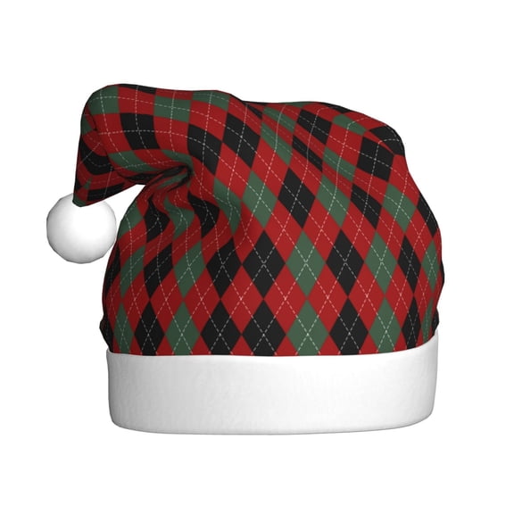 Kowoue Argyle Plaid Pattern Santa Hat Christmas Hats for Adults, Holiday Unisex Velvet Comfort Xmas Hat for Women Men