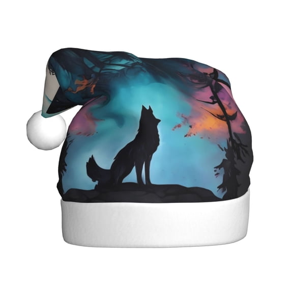 Kowoue Artistic Moon Valley Wolf Pattern Santa Hat Christmas Hats for Adults, Holiday Unisex Velvet Comfort Xmas Hat for Women Men