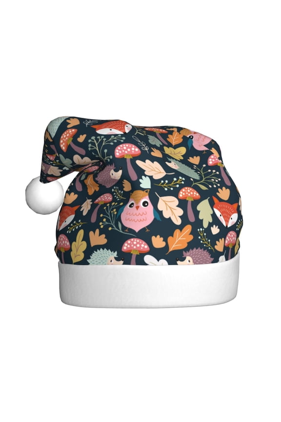 Autumn Fox Owl Pattern Santa Hat Christmas Hats for Adults, Holiday Unisex Velvet Comfort Xmas Hat for Women Men