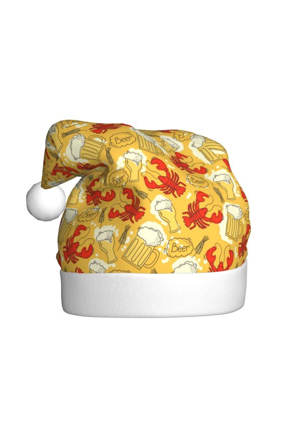 Beer And Crawfish Pattern Santa Hat Christmas Hats for Adults, Holiday Unisex Velvet Comfort Xmas Hat for Women Men