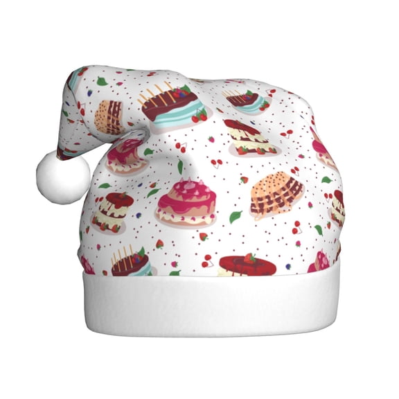 Kowoue Birthday Cake Pattern Santa Hat Christmas Hats for Adults, Holiday Unisex Velvet Comfort Xmas Hat for Women Men