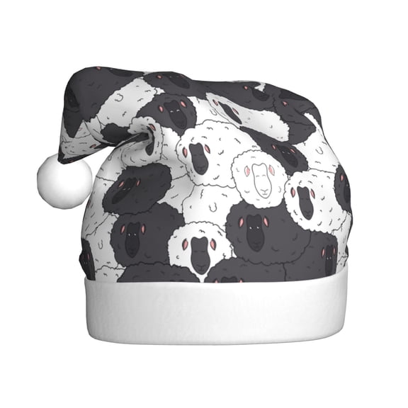 Kowoue Black And White Sheeps Pattern Santa Hat Christmas Hats for Adults, Holiday Unisex Velvet Comfort Xmas Hat for Women Men