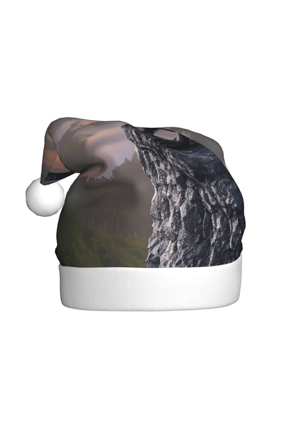 Black Dragon Cliff Dawn Pattern Santa Hat Christmas Hats for Adults, Holiday Unisex Velvet Comfort Xmas Hat for Women Men