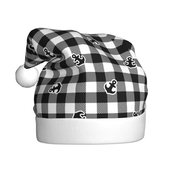 Kowoue Black Tartan Plaid Pattern Santa Hat Christmas Hats for Adults, Holiday Unisex Velvet Comfort Xmas Hat for Women Men