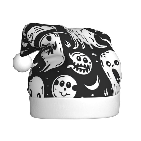 Kowoue Black White Spooky Ghosts Pattern Santa Hat Christmas Hats for Adults, Holiday Unisex Velvet Comfort Xmas Hat for Women Men